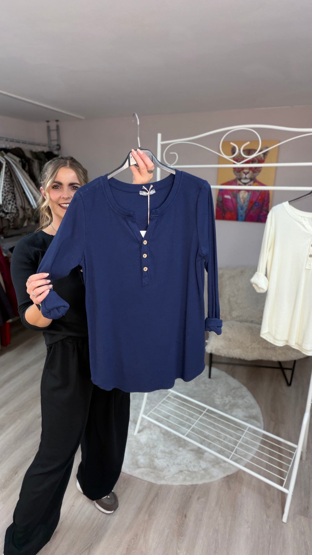 Basic Rippenshirt mit Knöpfen, langarm (63958