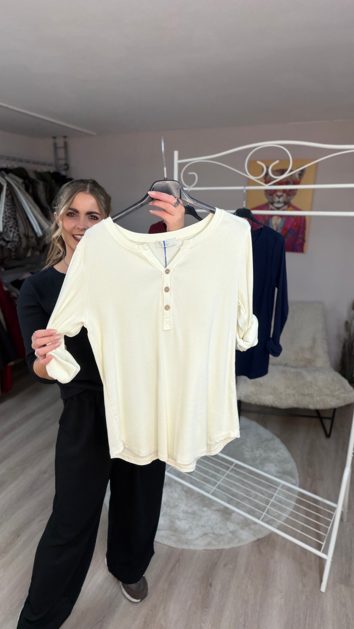 Basic Rippenshirt mit Knöpfen, langarm (63958