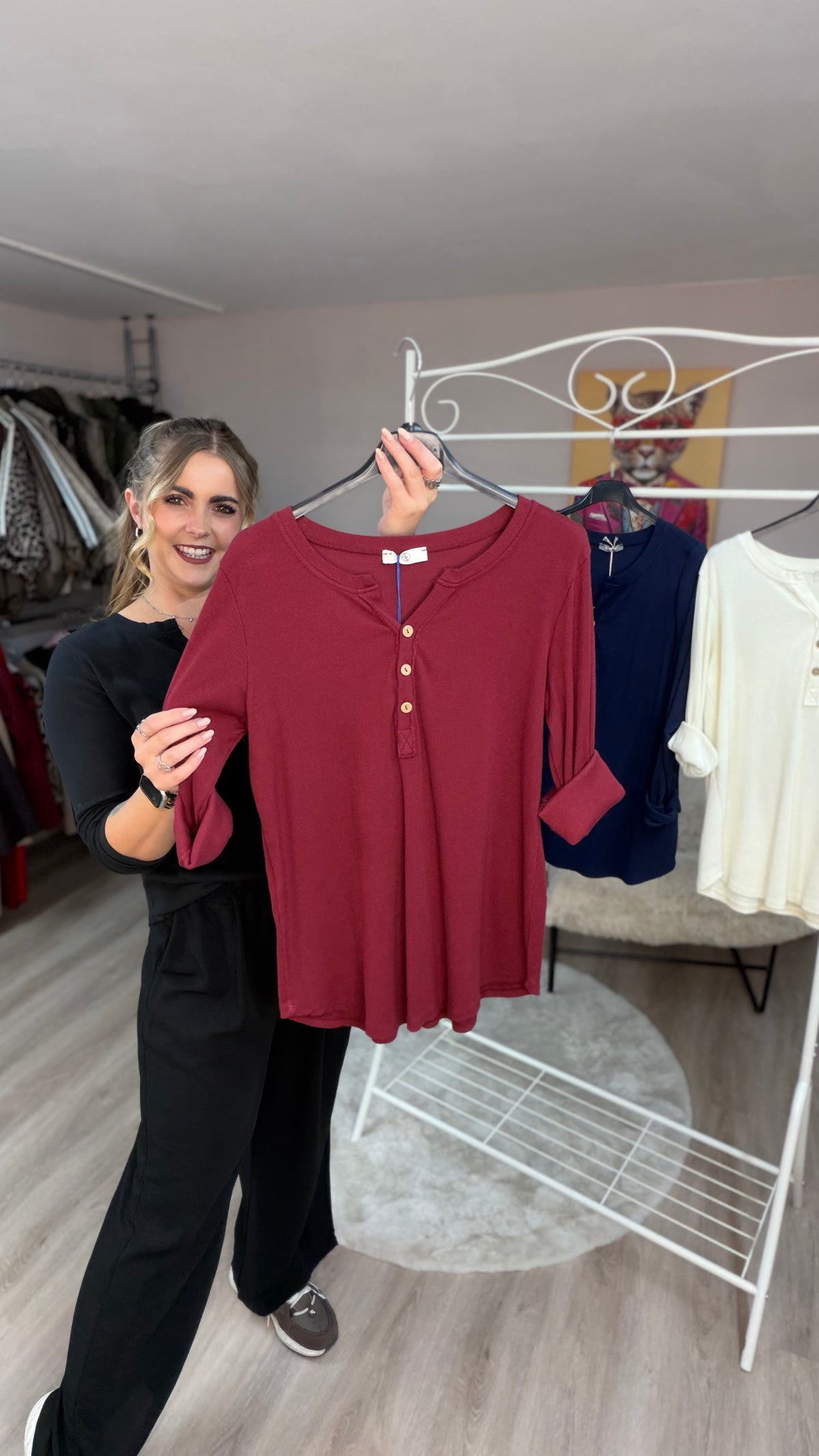 Basic Rippenshirt mit Knöpfen, langarm (63958